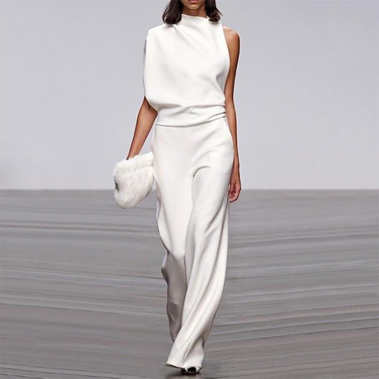 One-Shoulder Solid Collar Jumpsuit