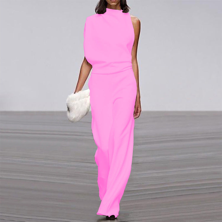 One-Shoulder Solid Collar Jumpsuit