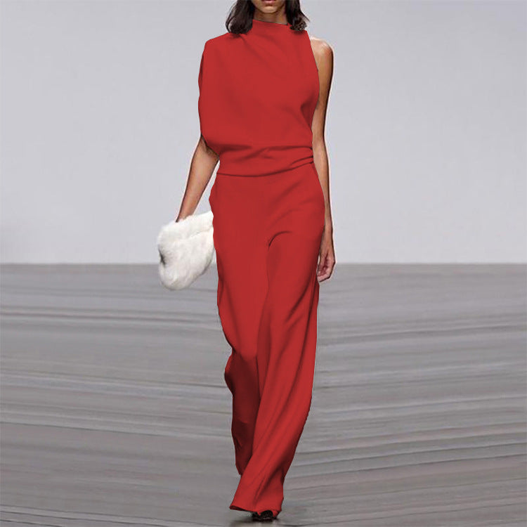 One-Shoulder Solid Collar Jumpsuit