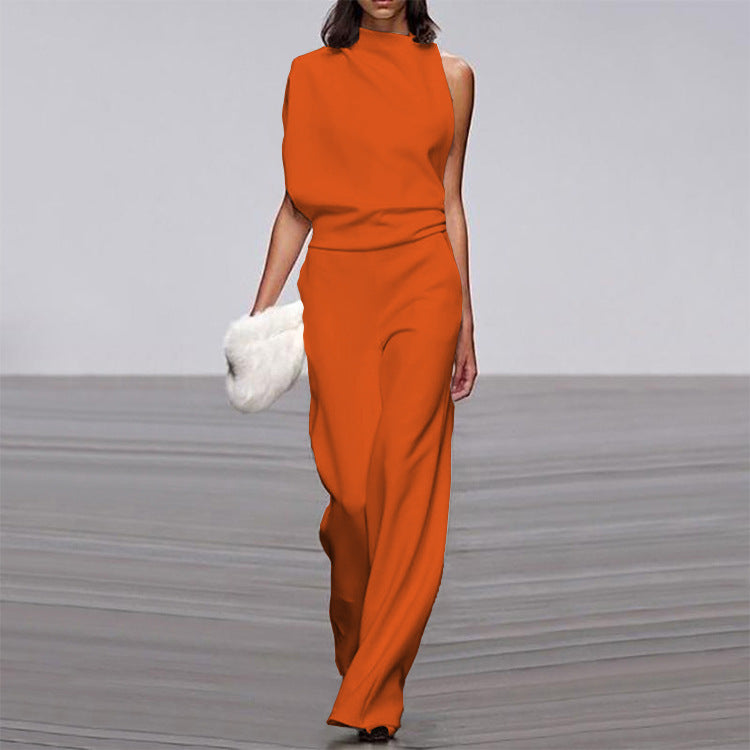 One-Shoulder Solid Collar Jumpsuit