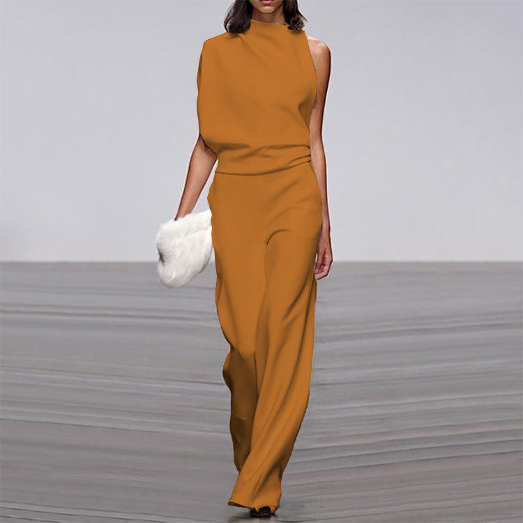 One-Shoulder Solid Collar Jumpsuit