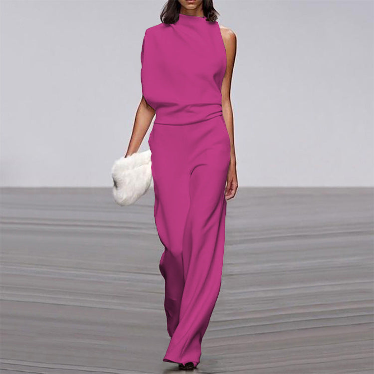 One-Shoulder Solid Collar Jumpsuit