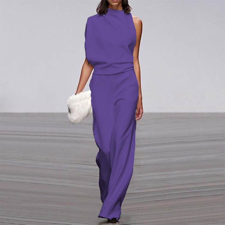 One-Shoulder Solid Collar Jumpsuit