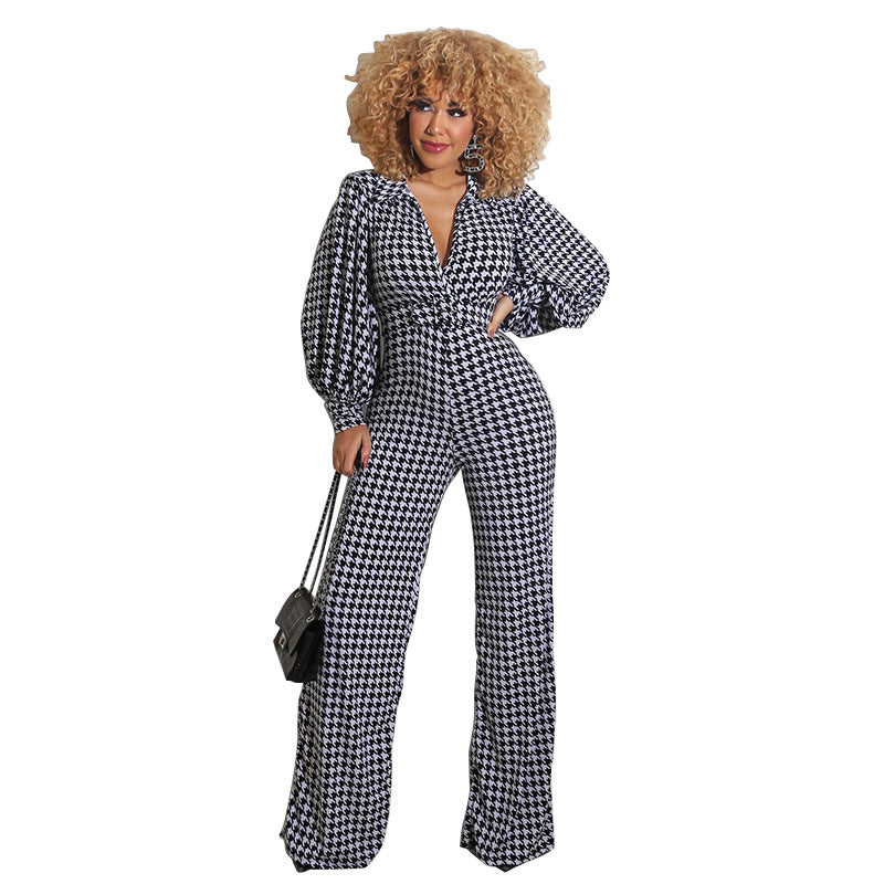 Puff Sleeve Printed Loose Jumpsuit