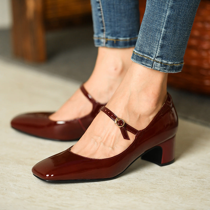 Bright Leather Strap Square Toe Shoes