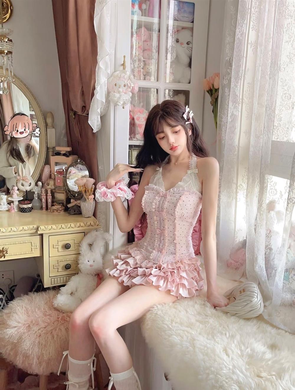 Bow Lace Halter Skirt Set