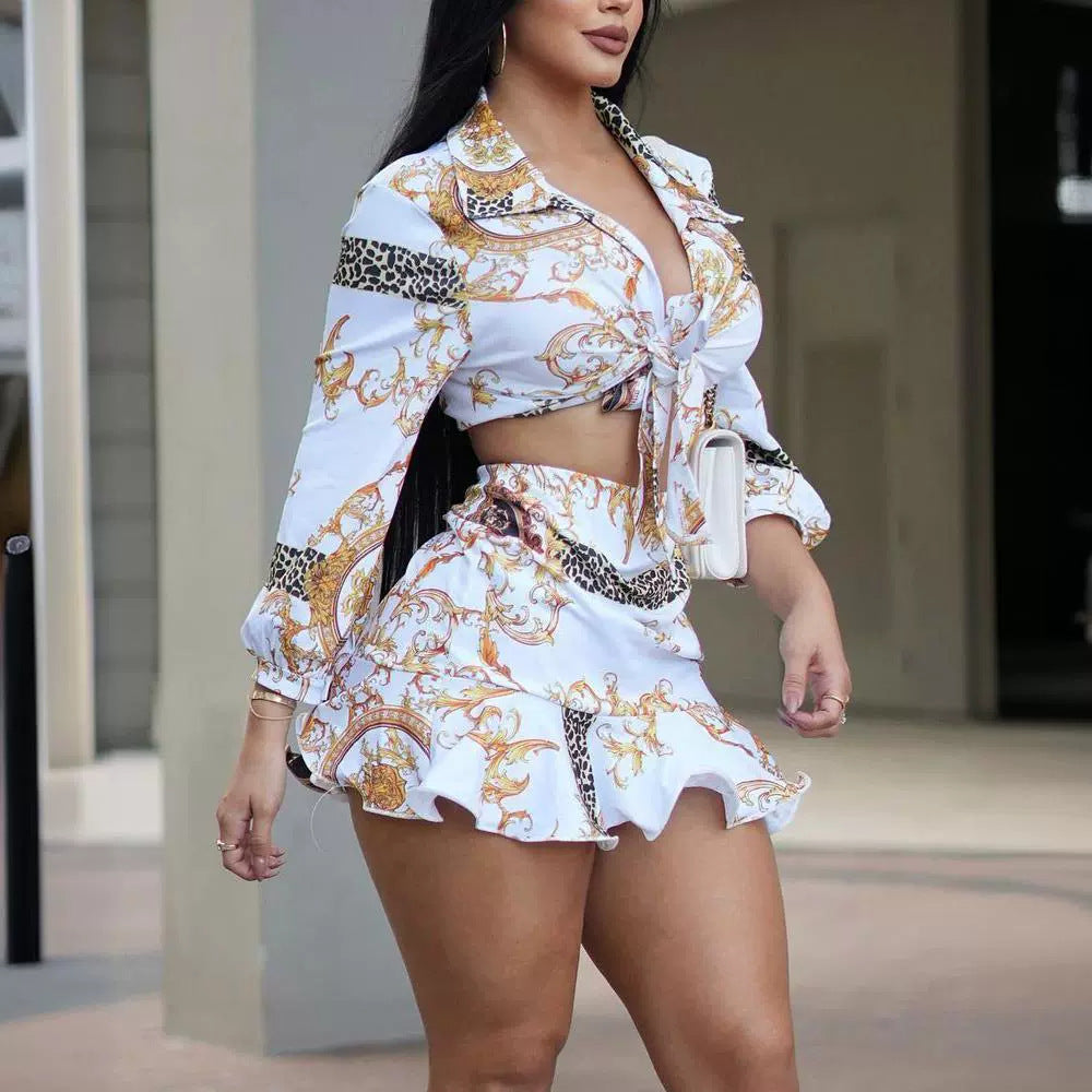 Printed Lace-Up Top Skirt Set
