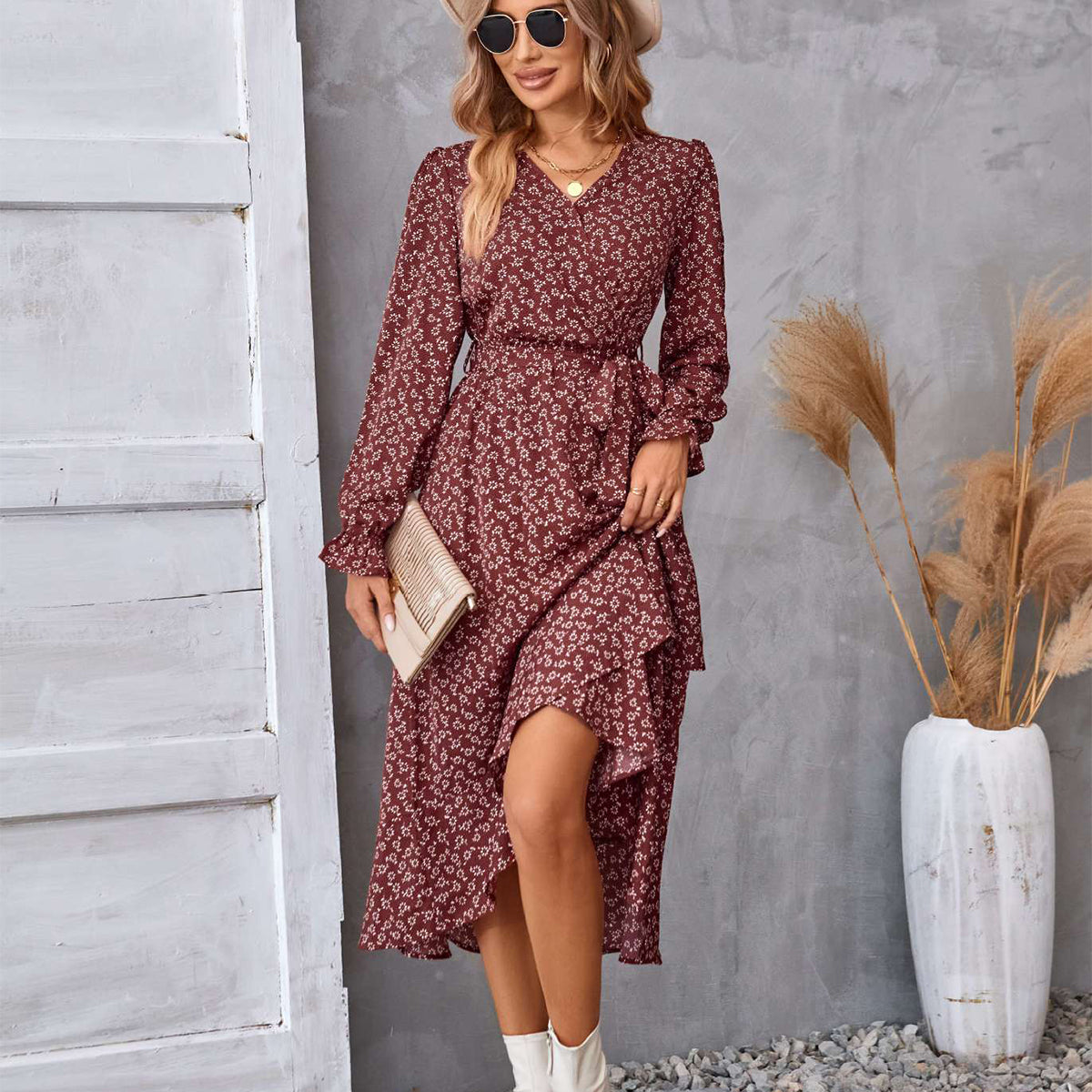Flowers Print Long Sleeve Dress