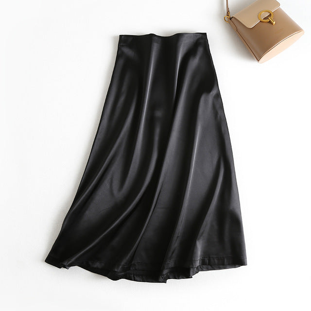 Summer Women Golden Satin Skirt Long Shiny Silk