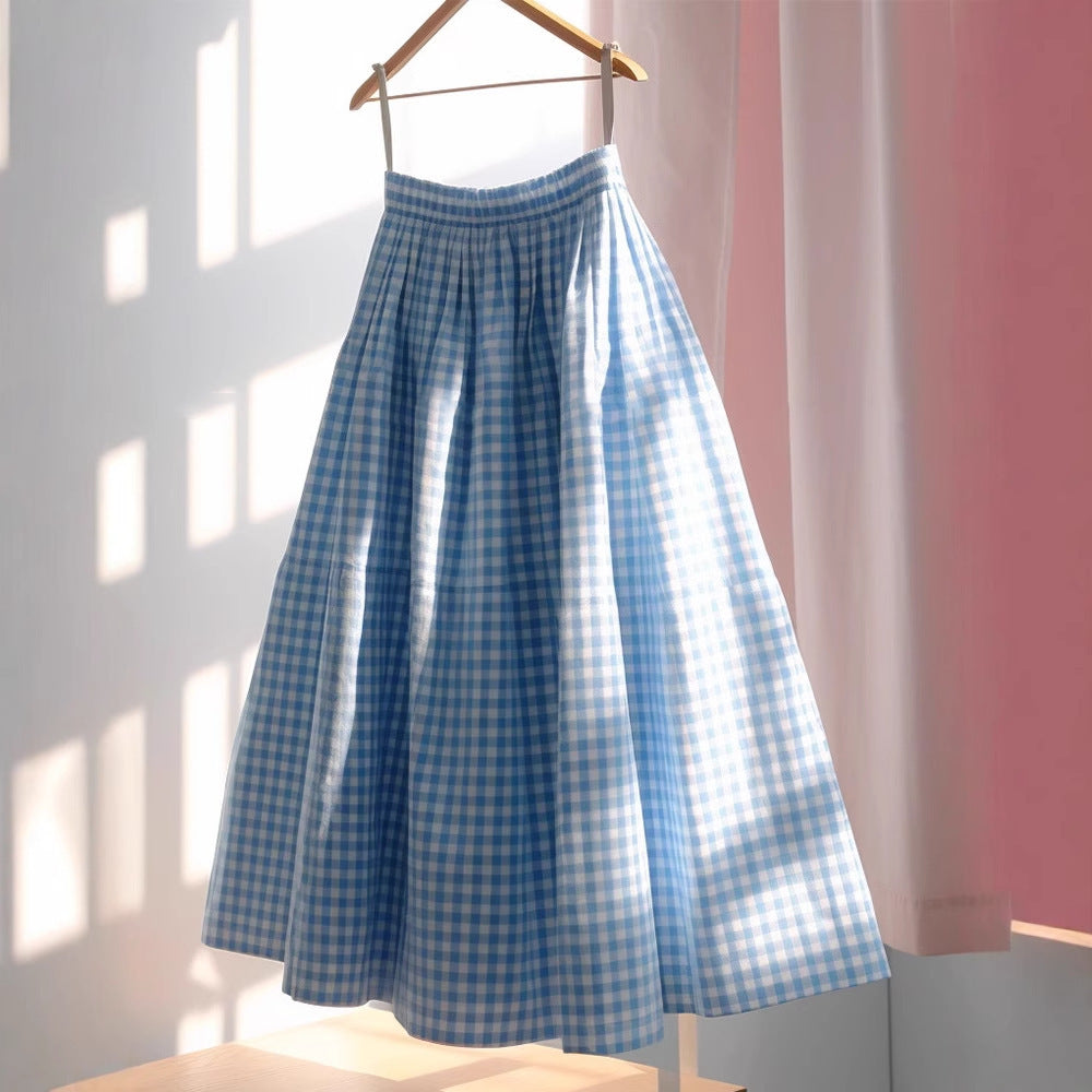 High-Waist Plaid Linen Skirt