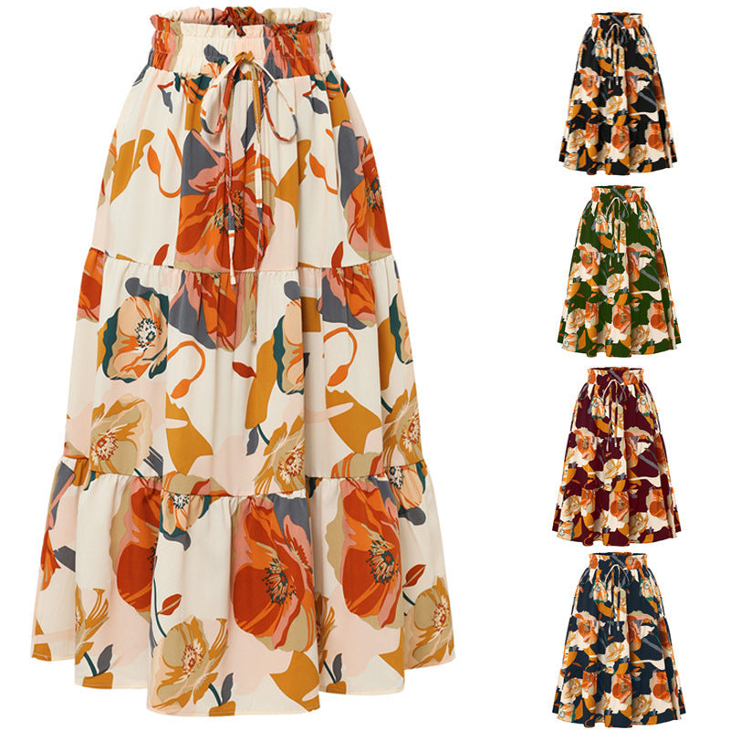 Pleated Floral Elastic Skirt