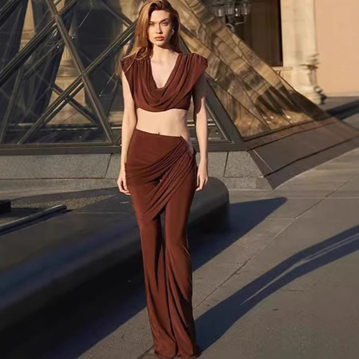 Pleated V-Neck Crop Top Set