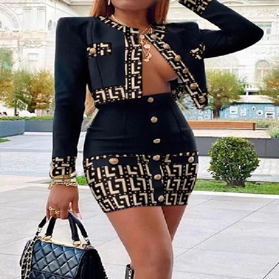Printed Stitching Dress Suit Set