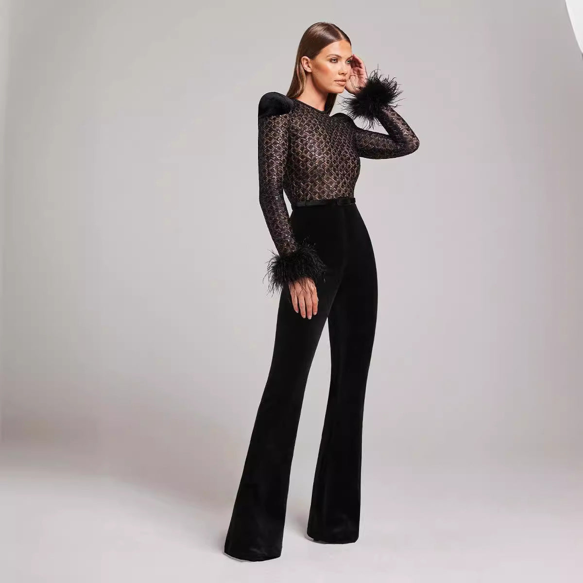 Lace Feather Sequin Bandage Jumpsuit