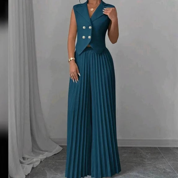 Sleeveless Lapel & Pleated Pants Two-Piece Set