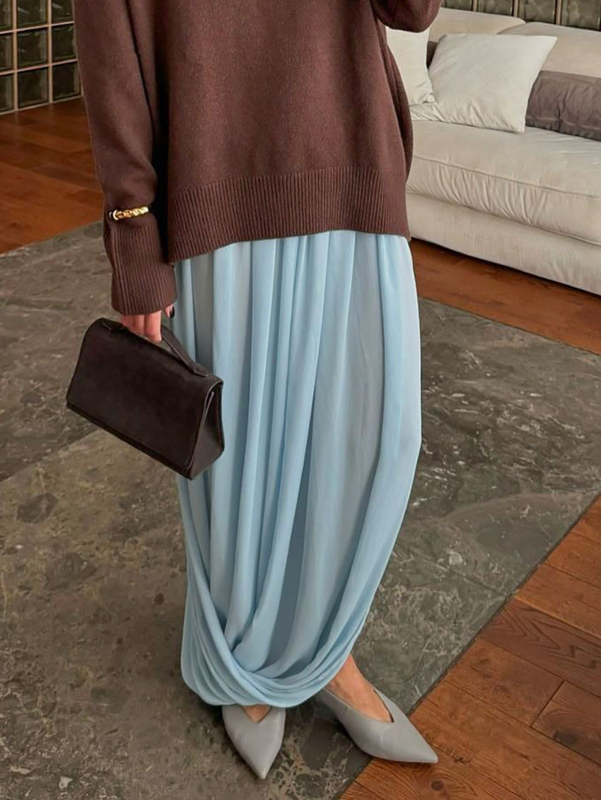 Pleated Draped Wide Maxi Skirt