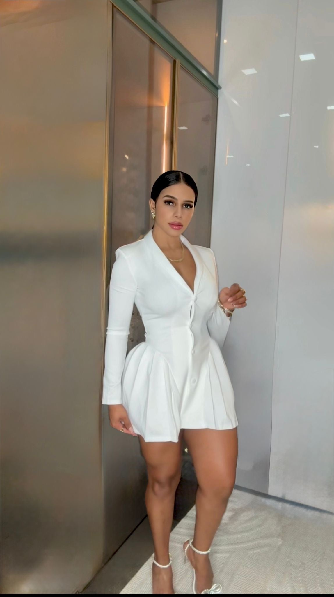 White Collar Pleated Blazer Dress