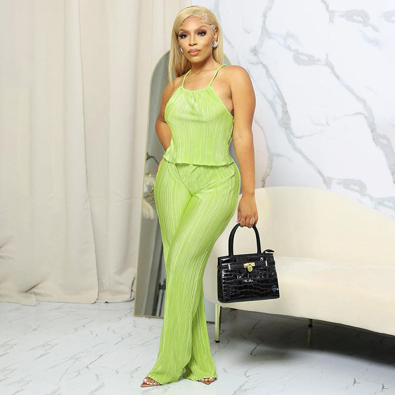 Summer New Pleated Sling Top Wide Leg Trousers Casual Suit