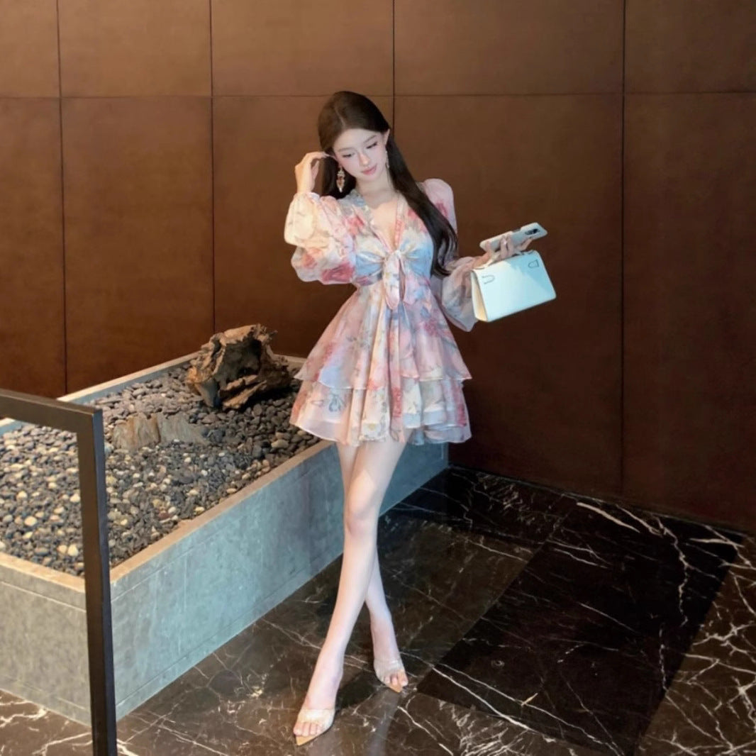 V-Neck Printed Waist Dress