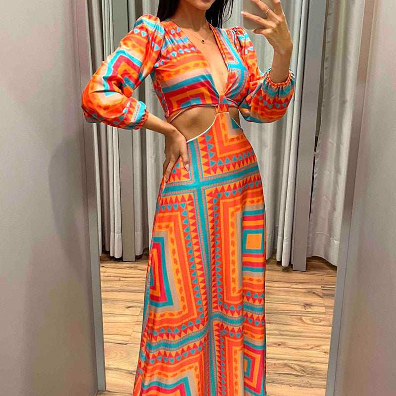 Geometric Pattern Batwing Midriff Dress