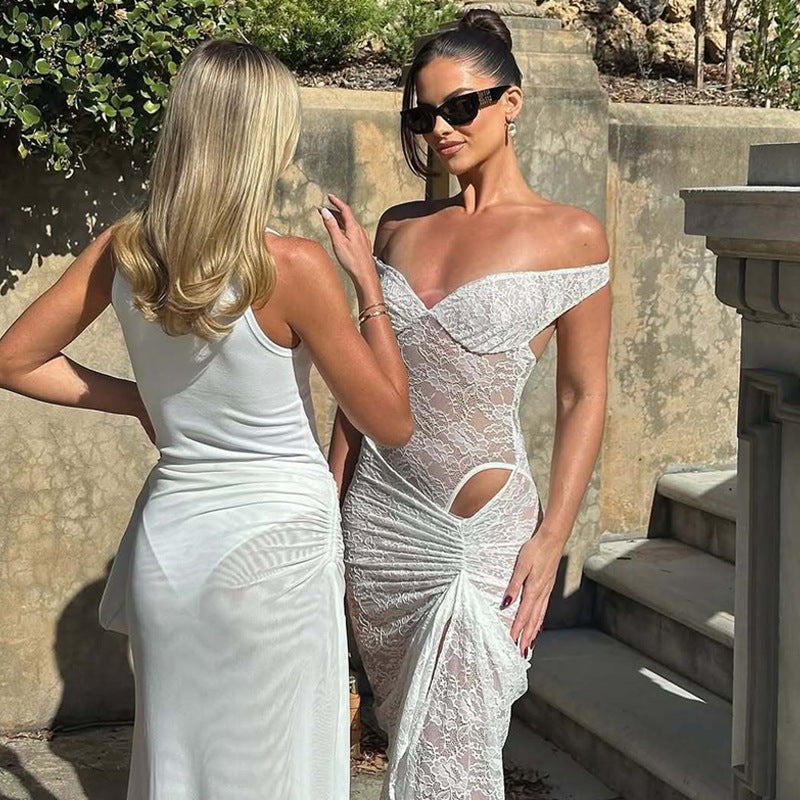 Seamless Ring-shoulder Backless Jumpsuit And Maxi Dress Set For Women