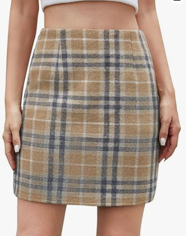 Women’s High Waist Plaid Wool Pencil Mini Skirt