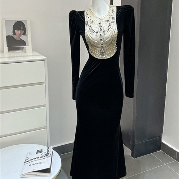 Black  Velvet Beads Autumn Dress