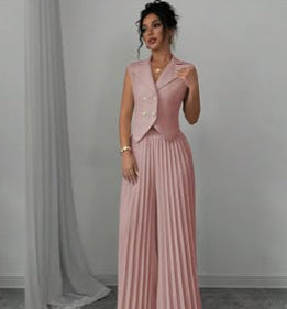 Sleeveless Lapel & Pleated Pants Two-Piece Set