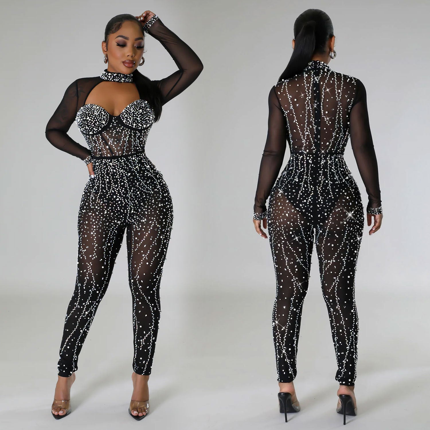 Mesh Hot-Drill Long Jumpsuit