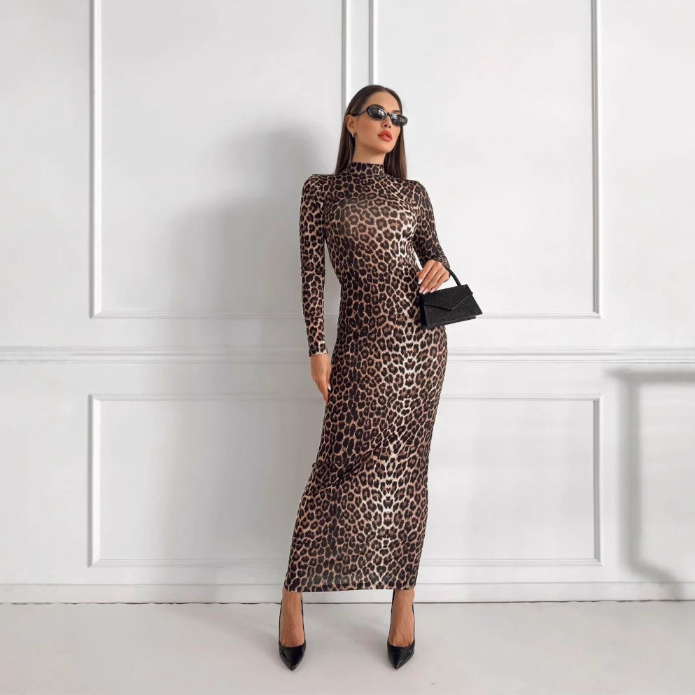 Leopard Print Long Sleeve Dress Women