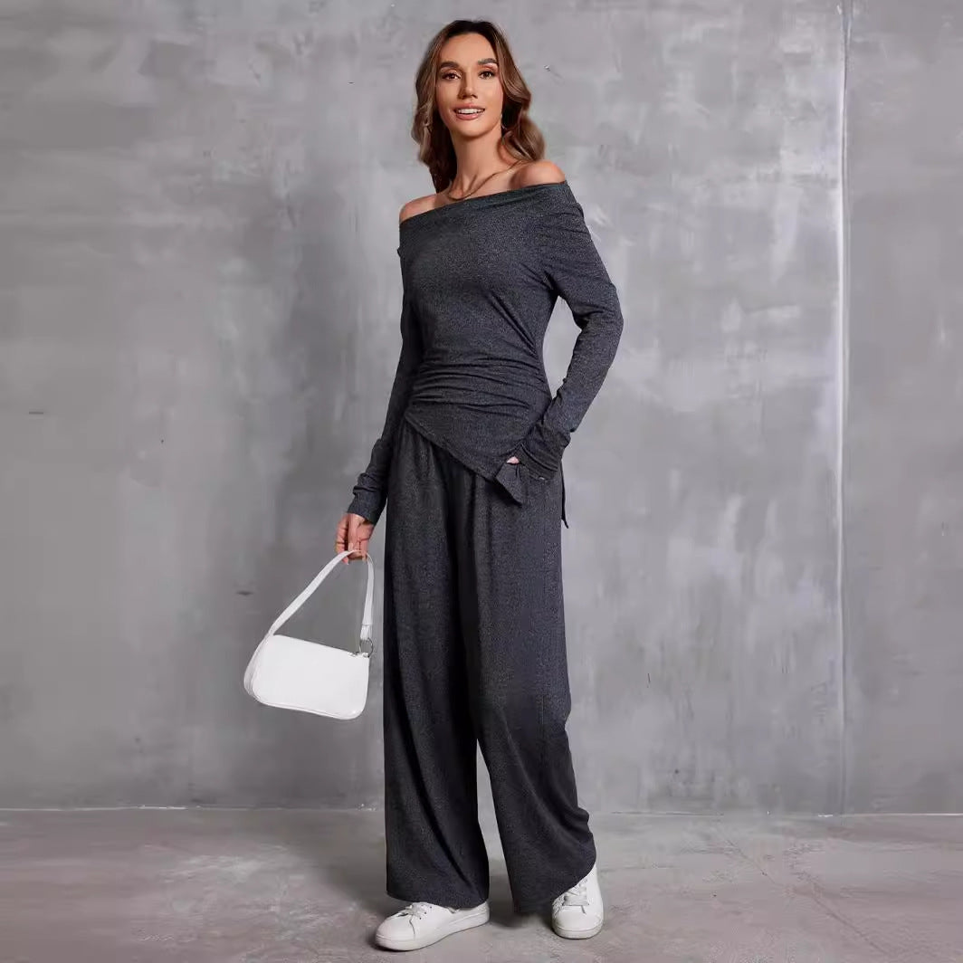 Long Sleeve T-shirt Elastic Waist Wide Leg Pants Set