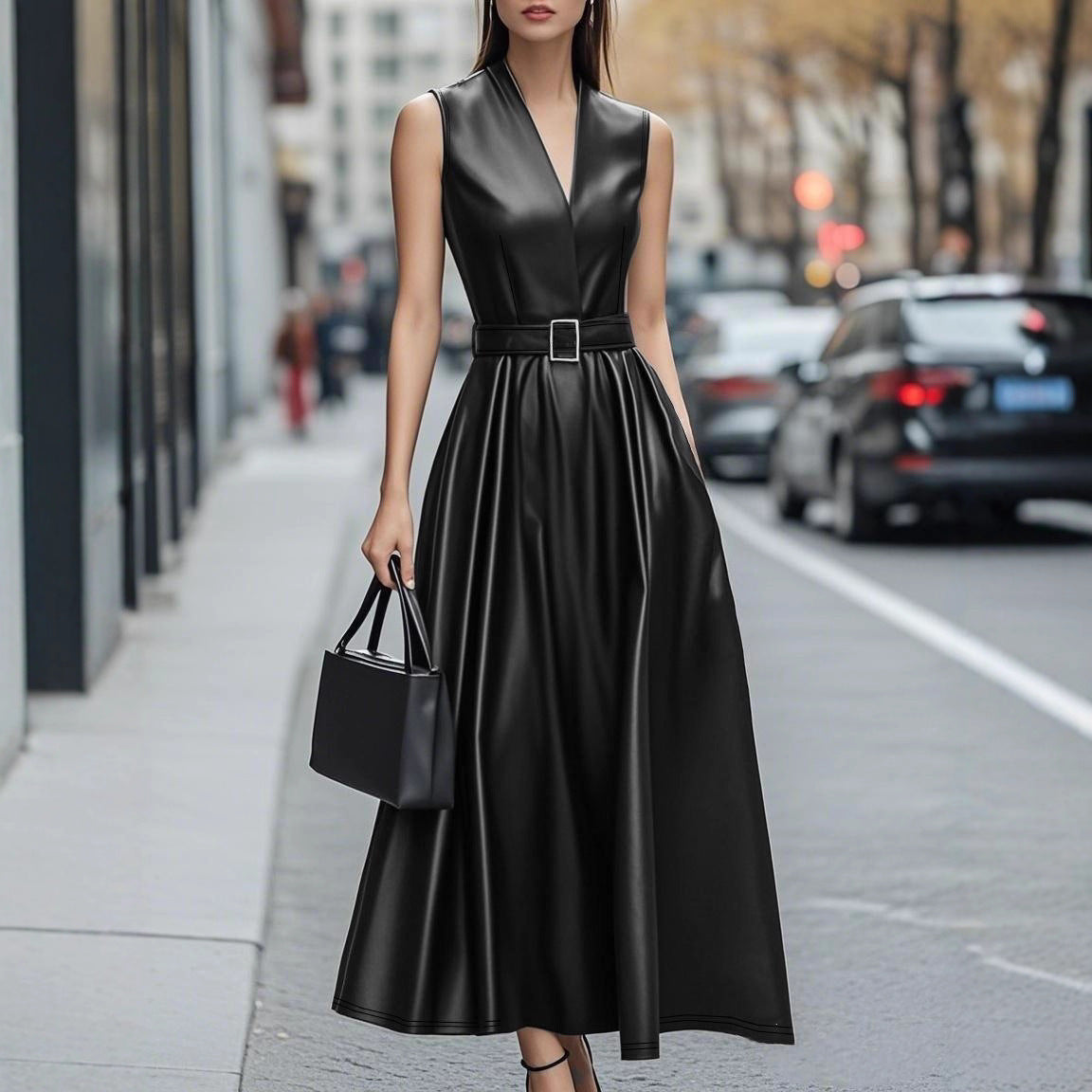 Fashionable  Sleeveless Belt Long Dress