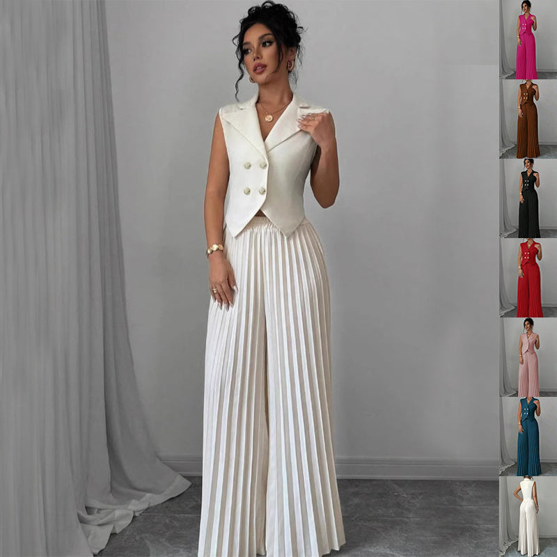 Sleeveless Lapel & Pleated Pants Two-Piece Set