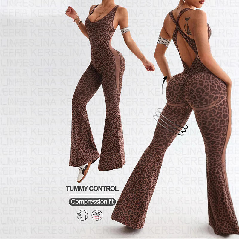 Leopard Print Backless Halter Jumpsuit