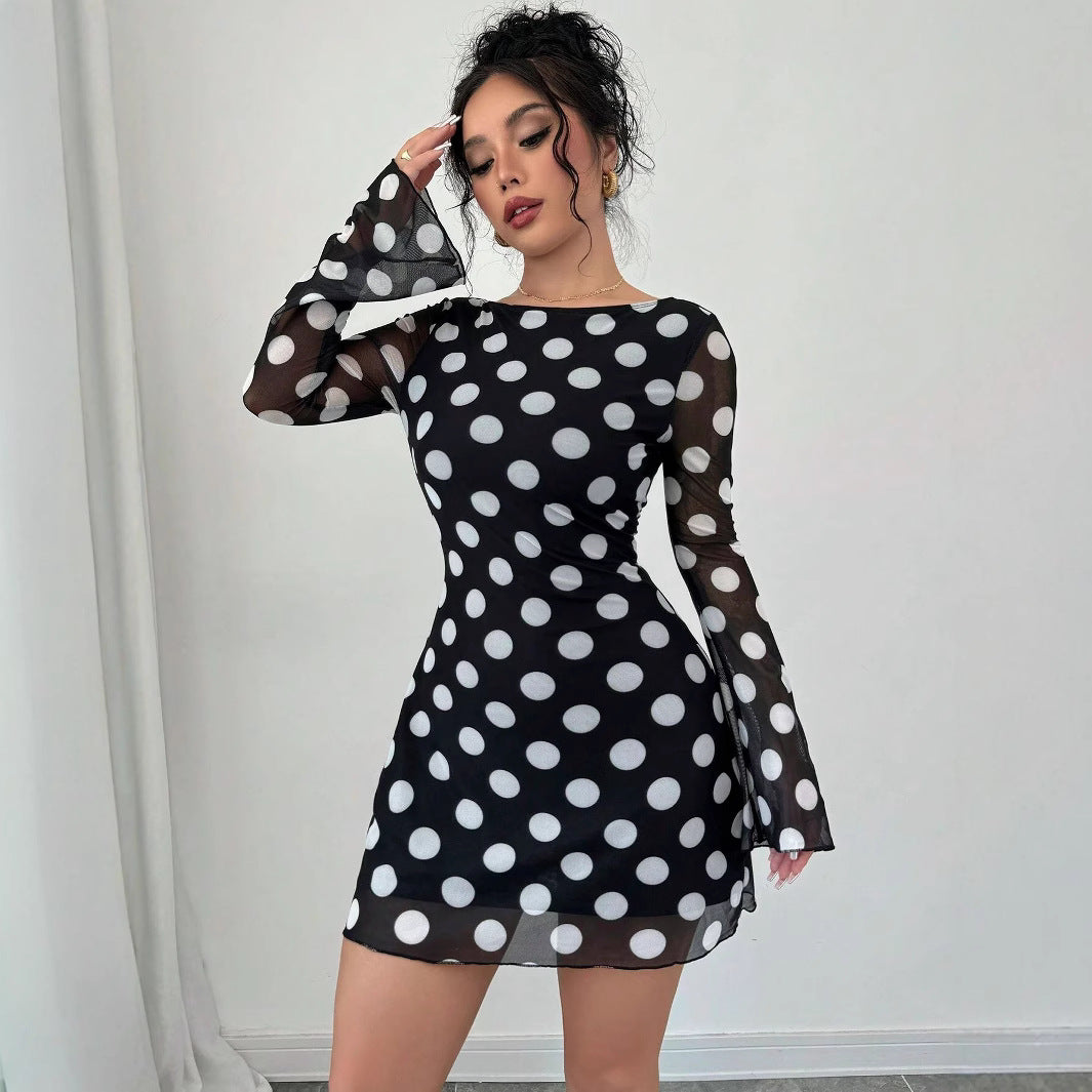 Sexy Polka Dot Backless Mesh Flare Sleeve Mini Dress