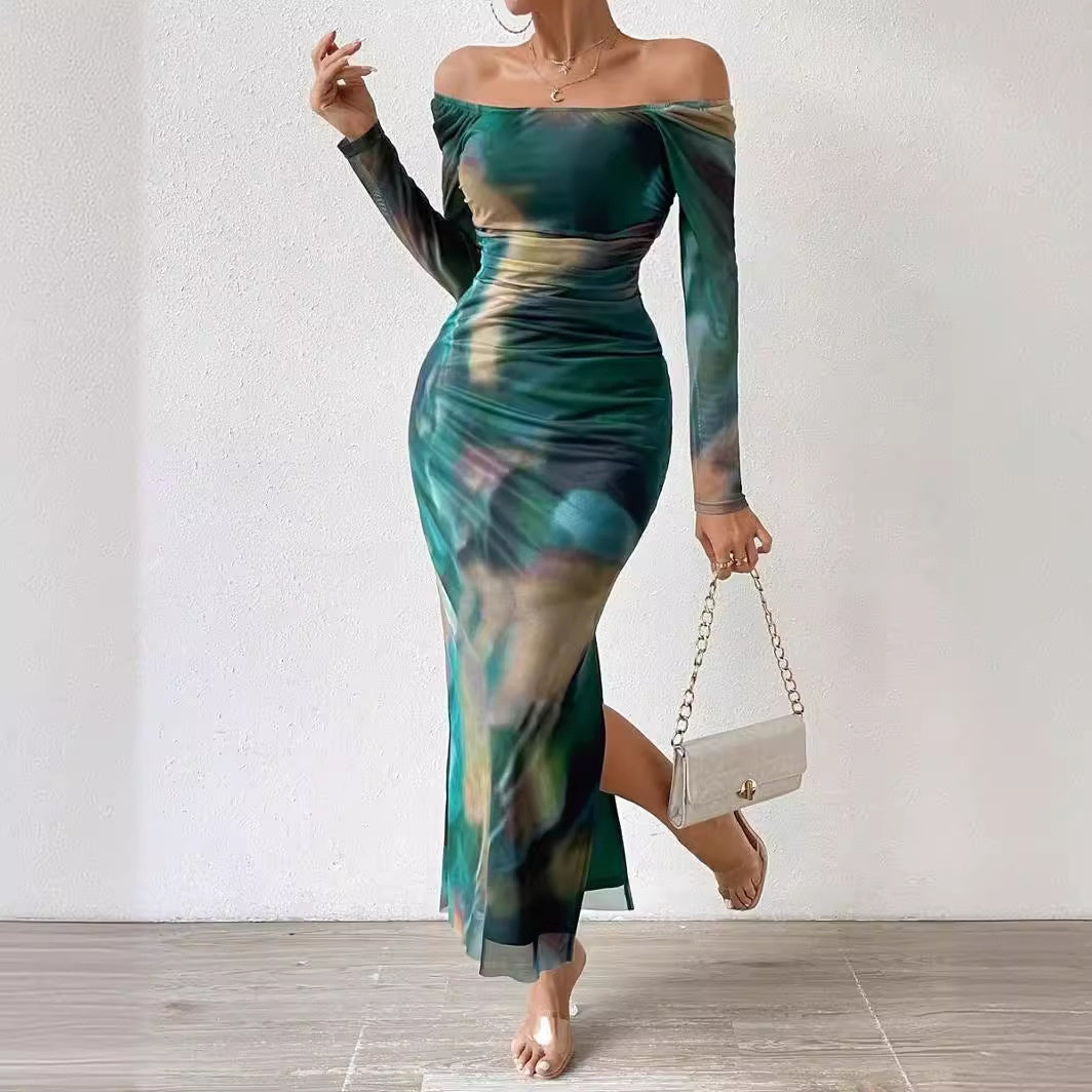 Printed Pleated Sexy Tight Split Square Collar Dress