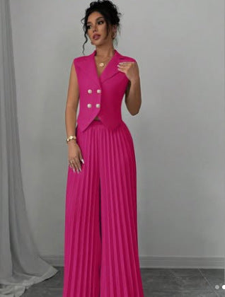 Sleeveless Lapel & Pleated Pants Two-Piece Set