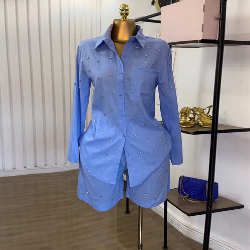 Beaded Lapel Slim Shorts Set