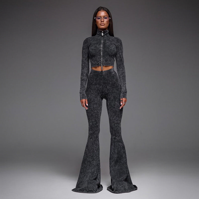 Zipper Crop Top Bell Pants Set