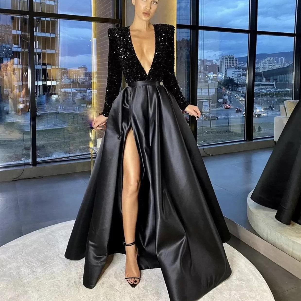 Sequin V-Neck Long Sleeve Dress