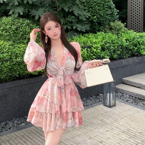 V-Neck Printed Waist Dress