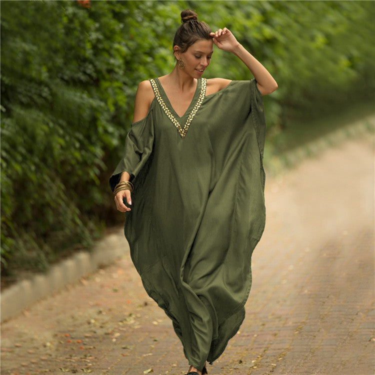 Faux Rayon Embroidered V-Neck Dress