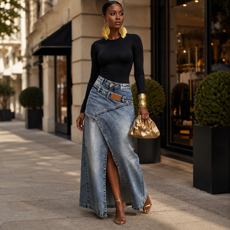High Waist Irregular Slit Denim Midi Skirt Casual Chic Style