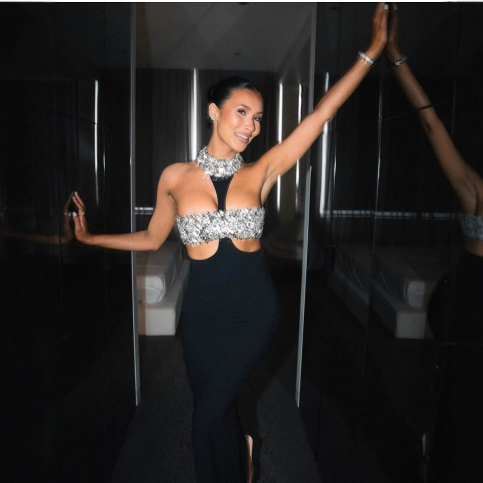 Rhinestone Halter Cutout Bandage Mini Dress