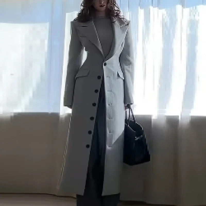 Elegant Woolen Lapel Long Coat