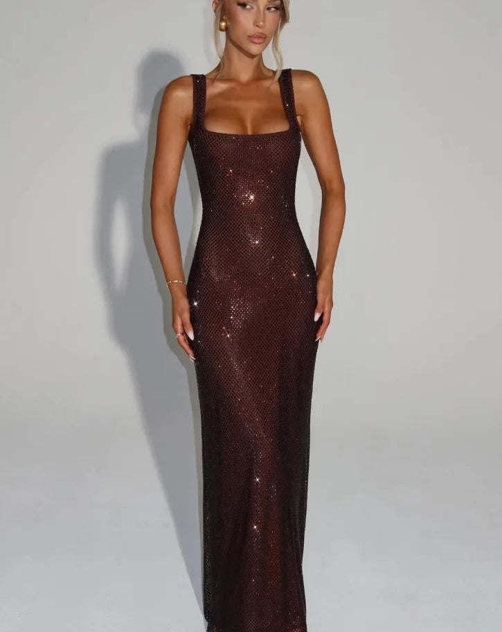 Sequined Mesh Backless Maxi Dress