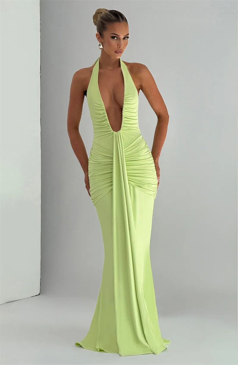 Deep V Ruched Maxi Dress