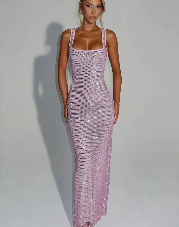 Sequined Mesh Backless Maxi Dress