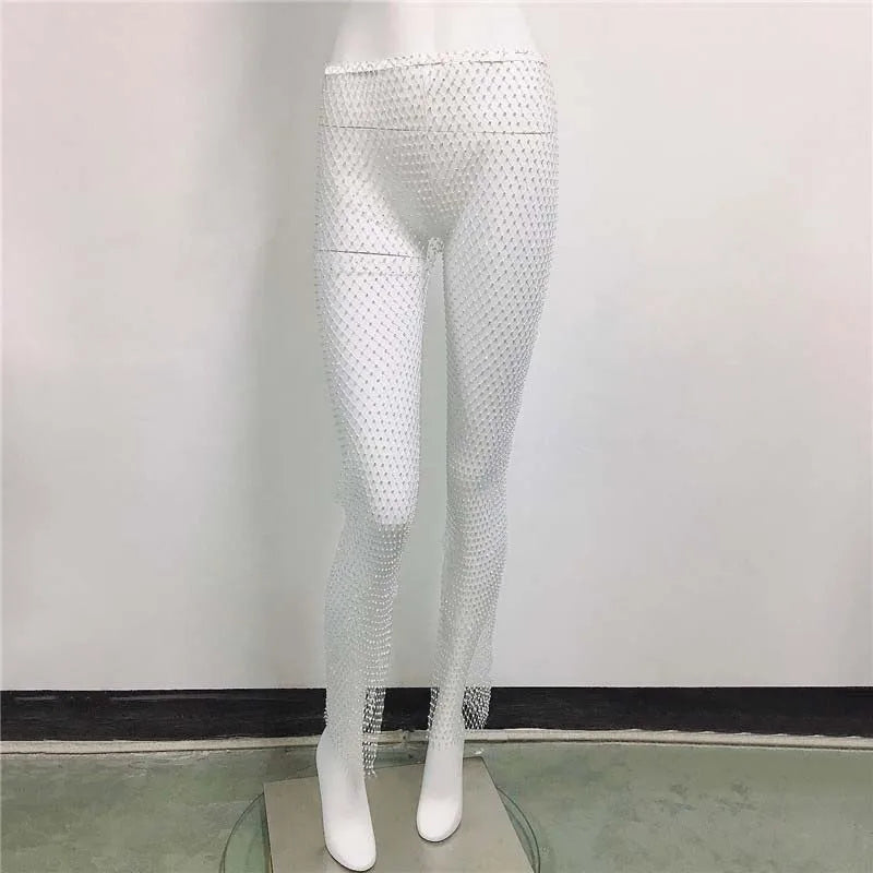 Rhinestone Mesh Elastic Tight Pants