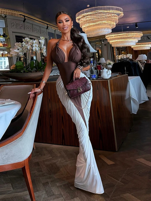 Elegant Halter Backless Patchwork Dress